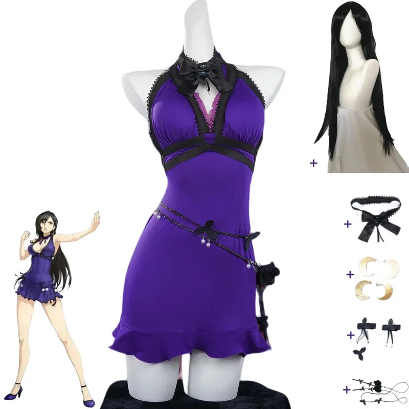 Anime jeu VII Tifa Lockhart Cosplay Costume violet robe de soirée perruque adulte femme Sexy carnaval Costume de noël olp;4