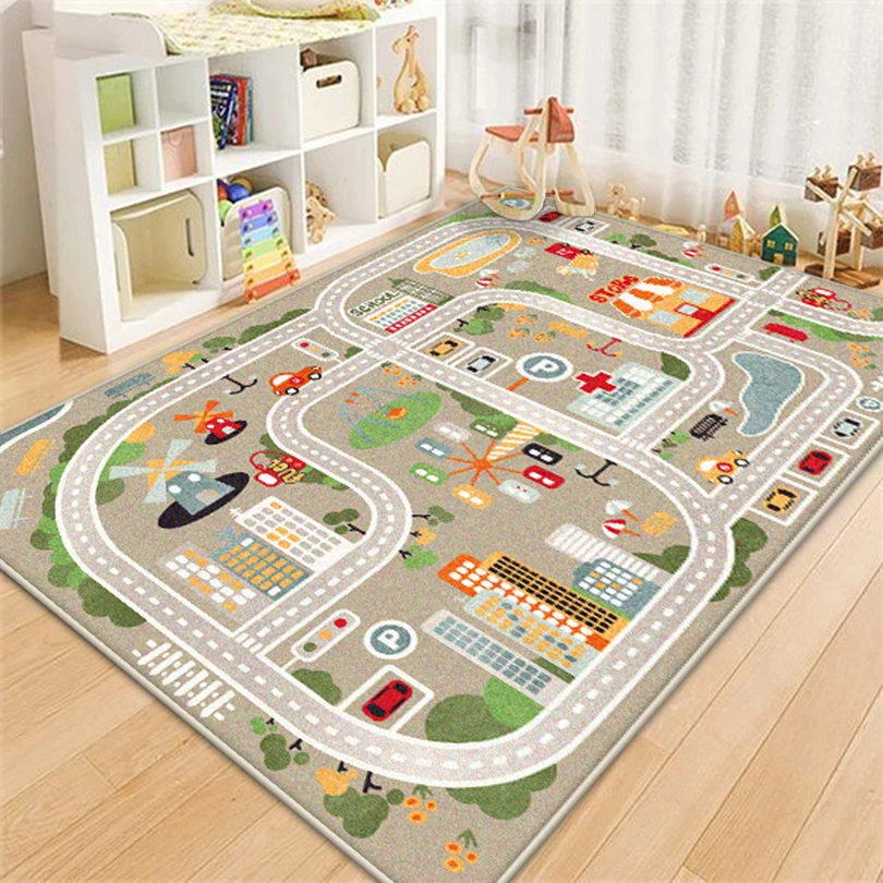 

Thickened Cartoon Living Room Carpet Children's Bedroom Bedside Decoration Rug Flannel Traffic Road Play Soft Floor Mat Antiskid