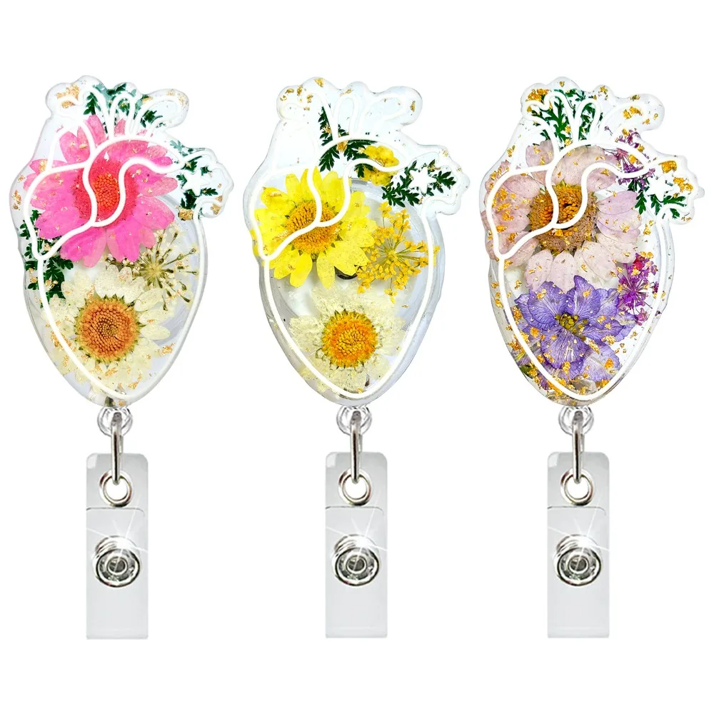 

Stretchable Heart Badge Clip High Resilience Fall-proof Daisies Pattern Badge Clip Cartoon Chest Card Nurse Badge Holder