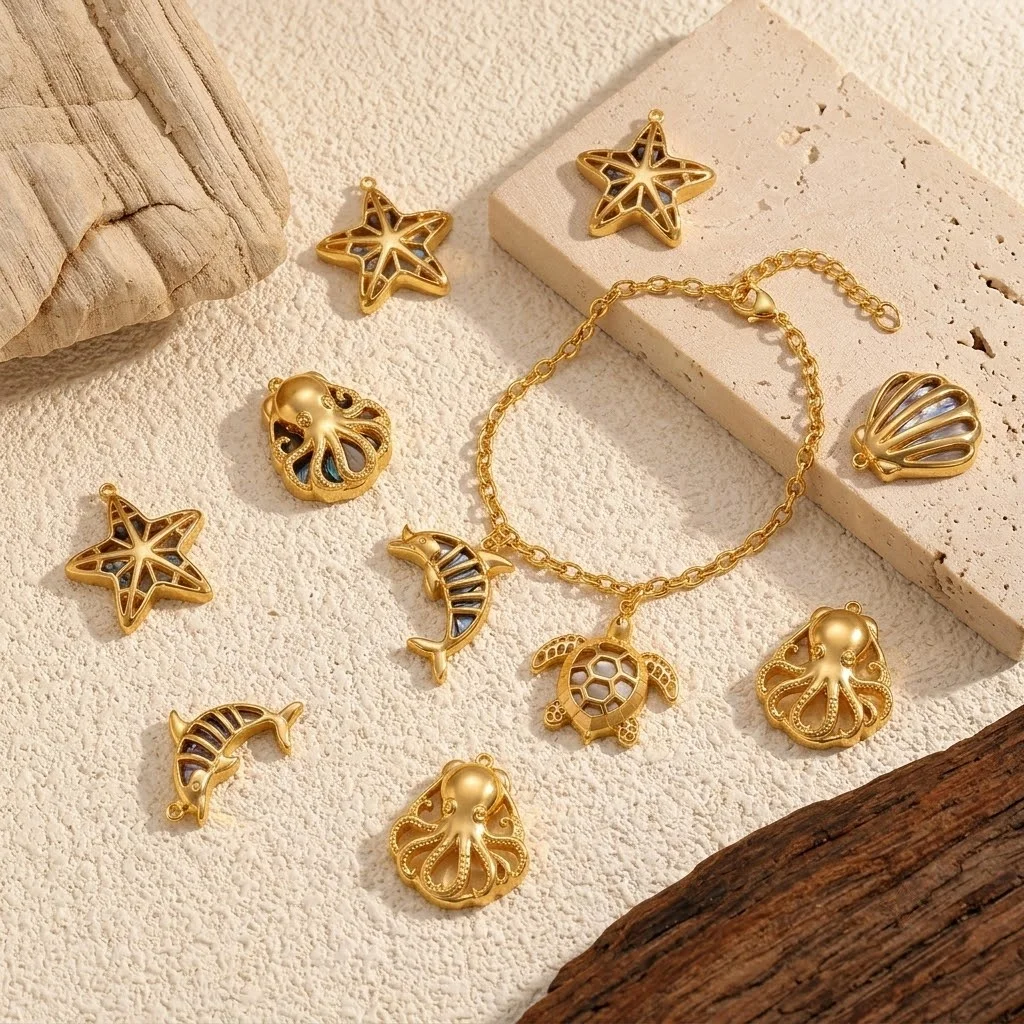 2 Stück Edelstahl-Meerestier-Anhänger (Muschel, Schildkröte, Oktopus) für DIY-Halsketten, Armbänder, Schmuckherstellung, Zubehör – Detail 1