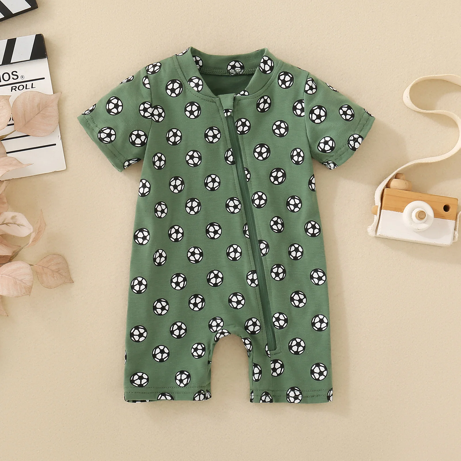 Summer male infant football print green short-sleeved long climbing suit sports style