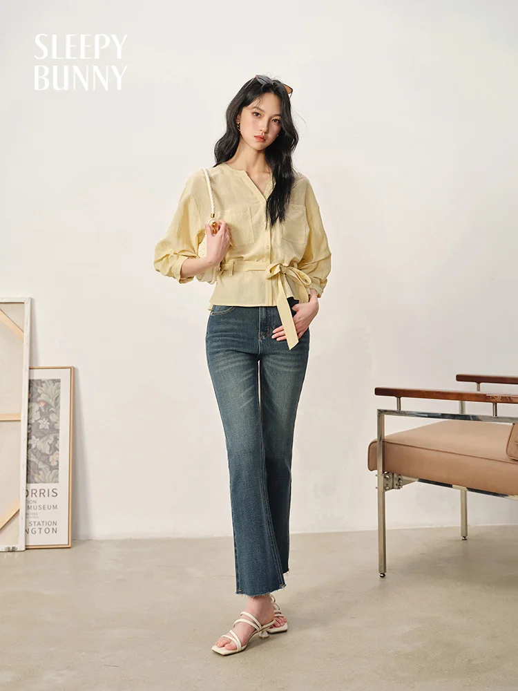 

French Style Yellow Waist Tie Blouse Women Summer Loose Fit V Neck Oversized Shirt with Belt Lightweight Long Sleeve Casual Top