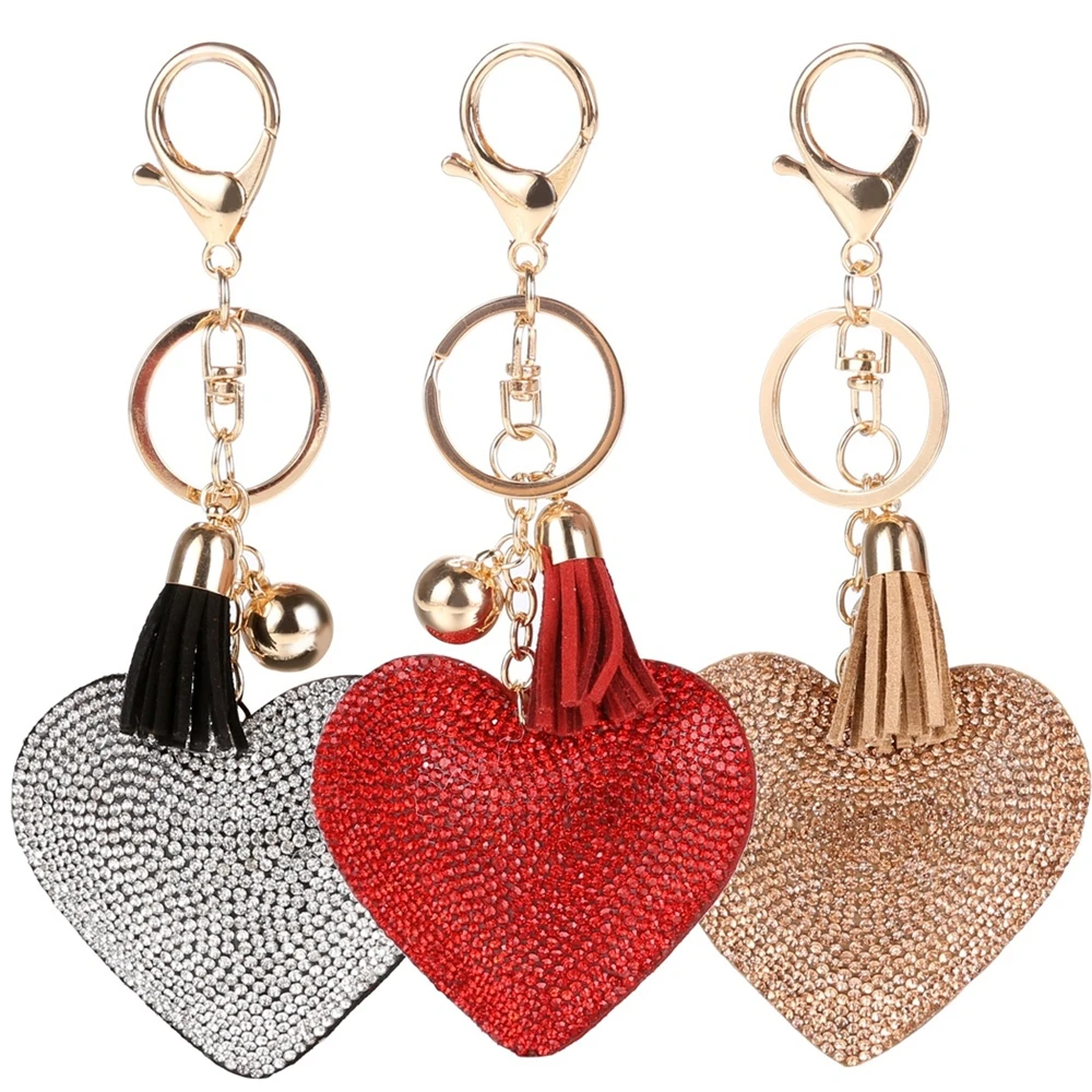 Colourful Heart Full Rhinestone Keychain PU Leather Tassel Keyring for Women Car Key Holder Valentine\'s Day Gift