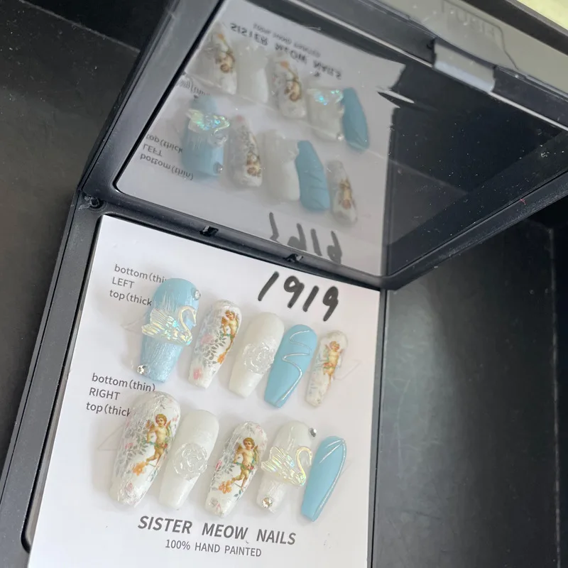 أظافر طويلة مطلية يدويًا برسم يدوي ، ملاك أزرق ، فن أظافر مزيف بتصميم ساحر ، مانيكير صناعي بغطاء كامل للفتيات #4