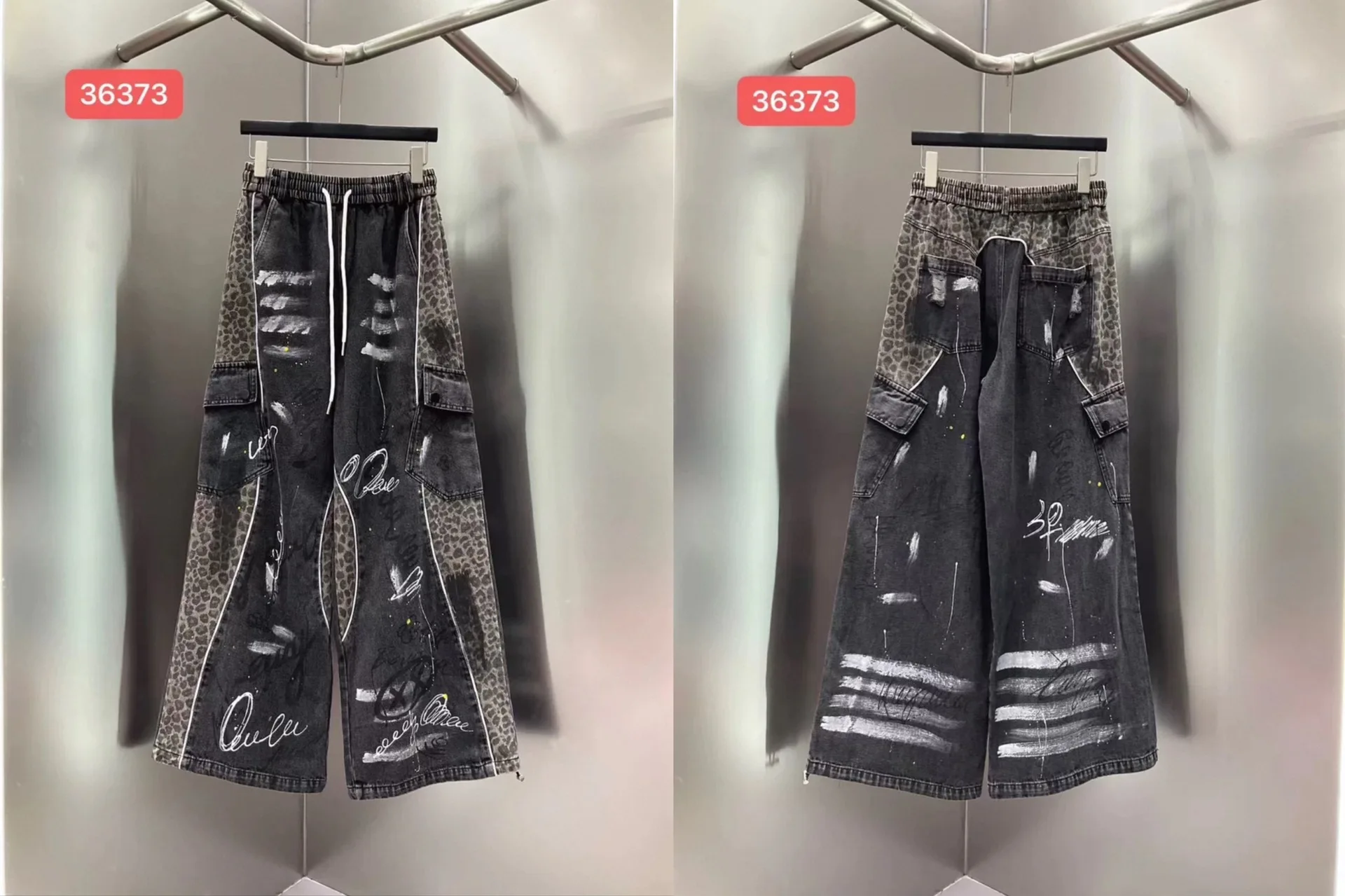 

European-style Women's Jeans 2026 Spring New Heavy-duty Leopard Print Graffiti Letters and Large Pockets Trendy Long Pants