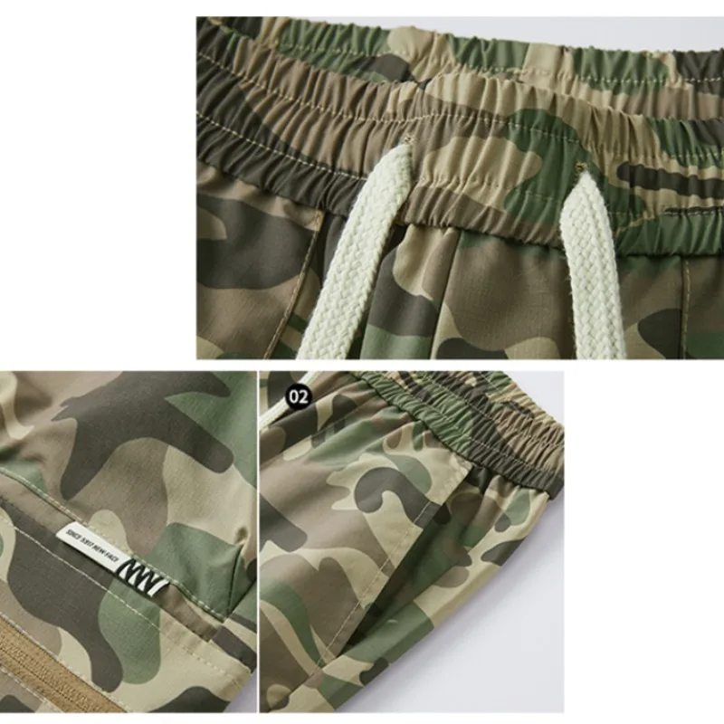 Summer Elastic High Waisted Zipper Drawstring Camouflage Geometric Pockets Casual Cargo Men's Clothing England Style Shorts