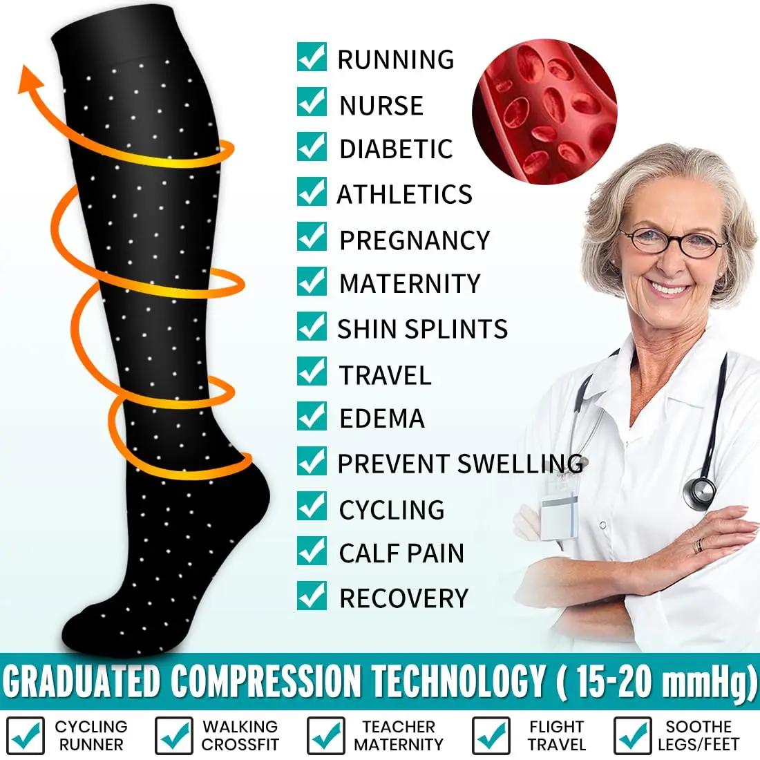 6 Paar goldene Farbe Herz Kompressionssocken Frauen Krankenschwester Kompressionsstrumpf Mode Mädchen Frauen Kompressionssocken Krankenschwester