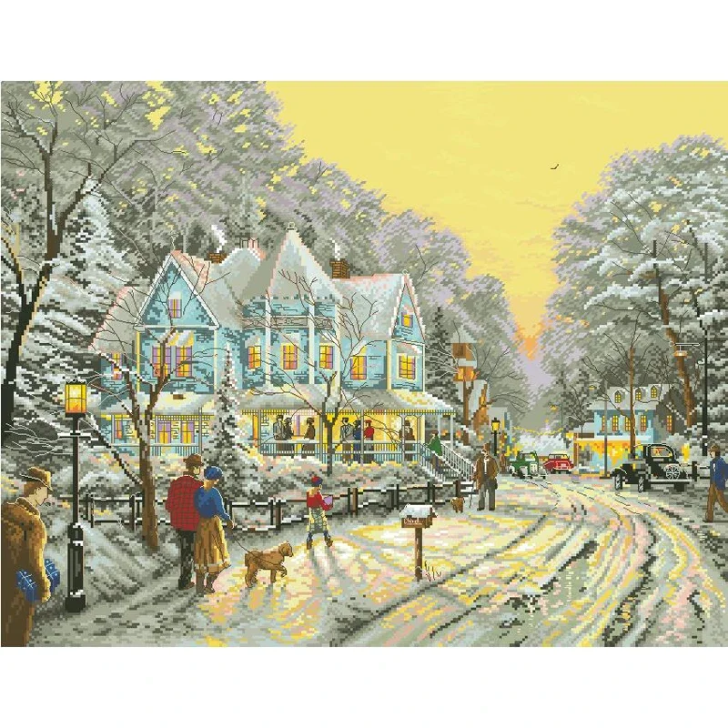 Amishop Gold Collection Lovely Counted Cross Stitch Kit A Holiday Gathering Sunset Stroll Snowy Street Christmas