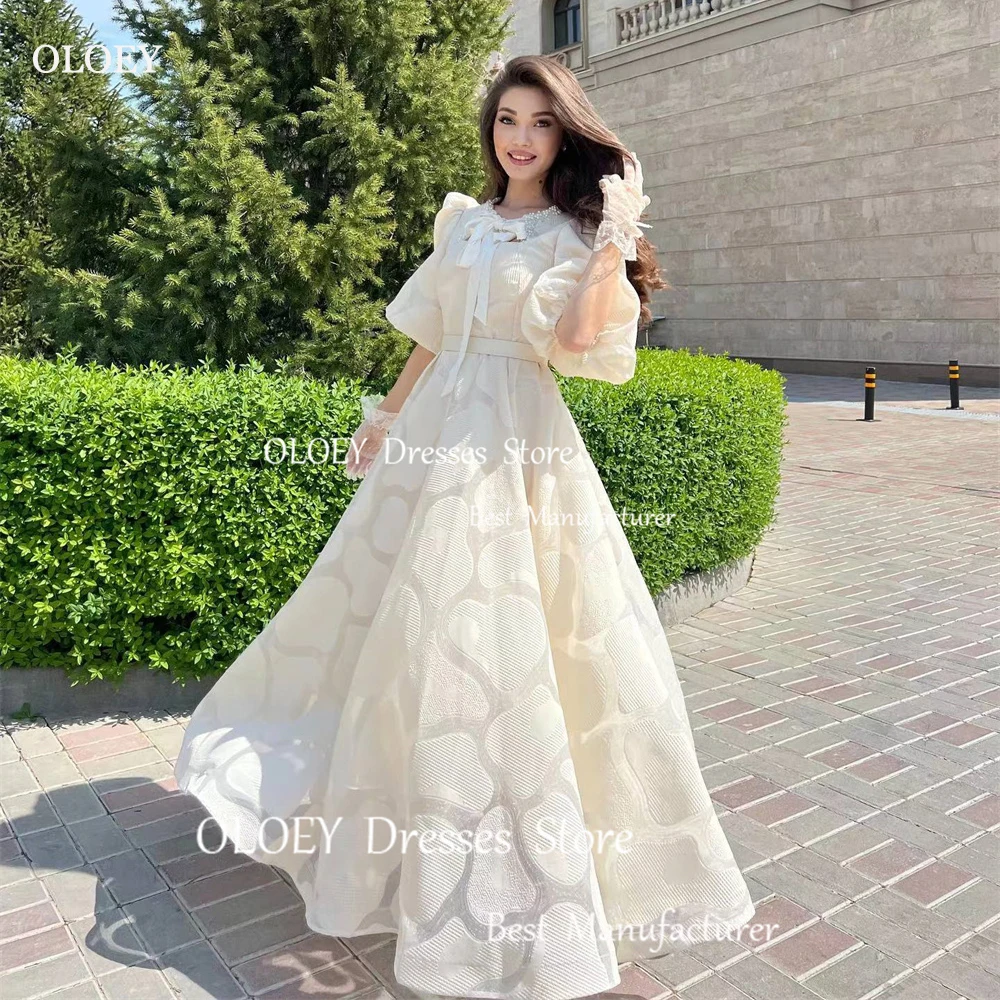 

OLOEY Modern Ivory High V-Neck Chiffon A-Line Korea Wedding Dress Photo Shoot Puff Half Sleeve Beading Ruched Bow Bridal Gowns