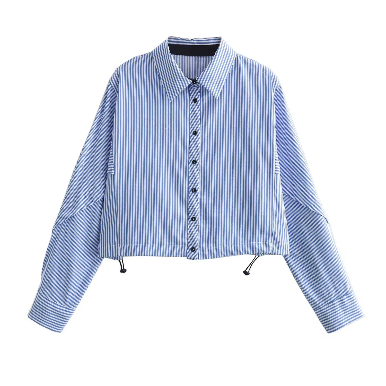 Women's Classic Shirt 2024 Spring New Product Short Adjustable Hem Striped Long sleeved Shirt