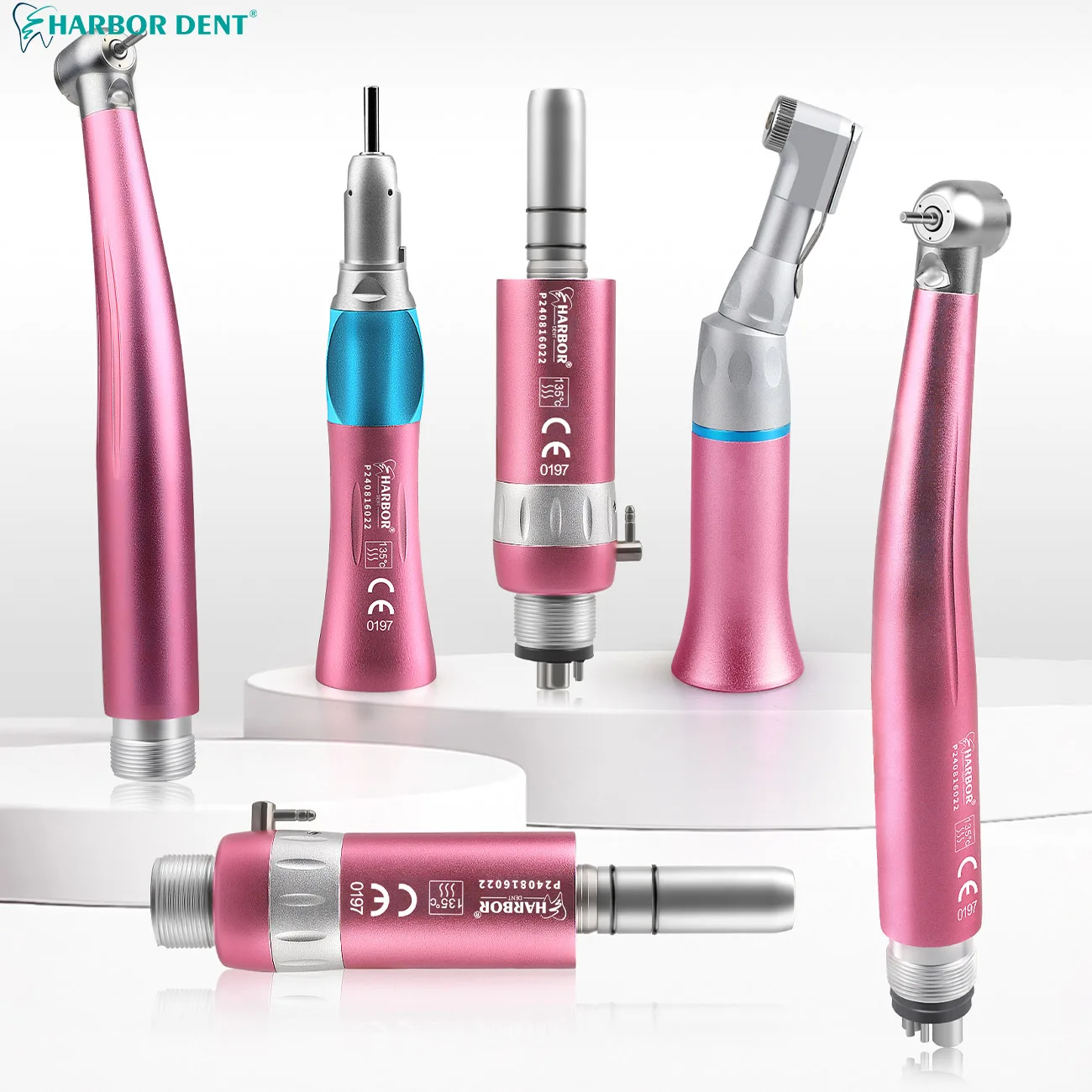 2/4 Holes Dental High / Low Speed Handpiece With LED Metal Box Kit Push Button Contra Angle Three Way Water Spray Pink Color