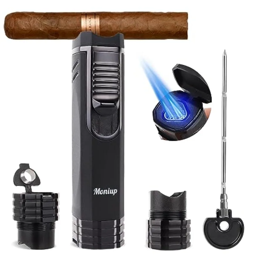 

All-in-one Cigar Torch Lighter with Triple Flame, 2 Cigar Holders, Cigar Draw Enhancer, Cigar Punch, Cigar Accories for Men's G