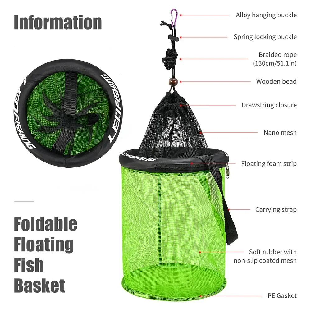 

Foldable Floating Fish Basket Rubber Coating/Quick Dry Underwater Net Pocket Foldable Fishing Holder Live Fish Storage Cage
