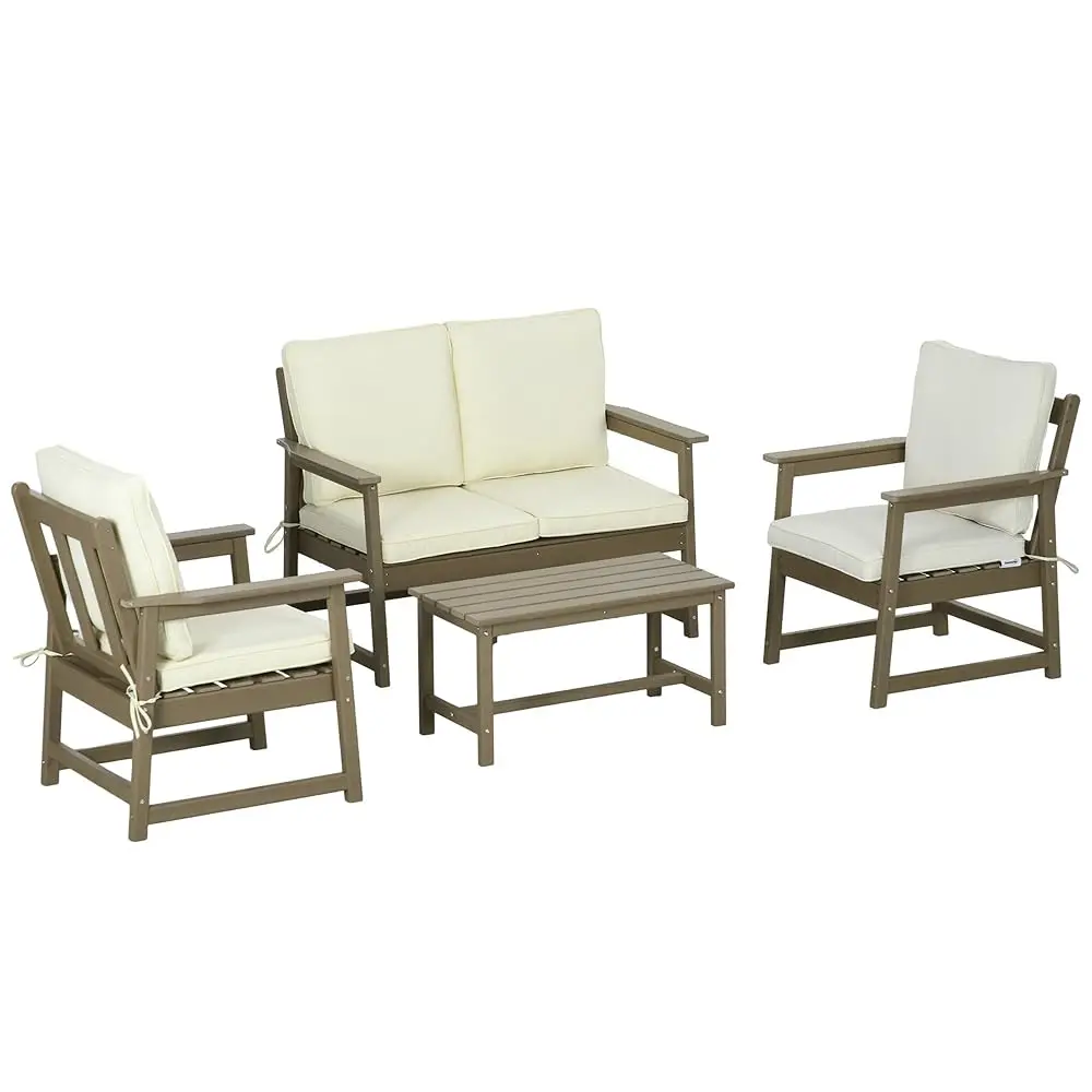 

4 Piece Patio Furniture Set With Cushions, Hdpe Conversation Sofa Set With Two Chairs, Loveseat, And Slatted Top Coffee Table,