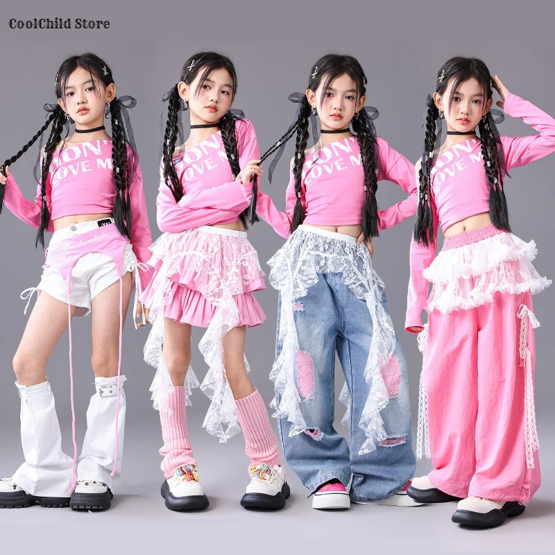 Girls Hip Hop Off Shoulder Crop Top ‌Street Dance Skirts Cargo Pants Children Streetwear Jeans Kids K-pop Girl Group Clothes Set