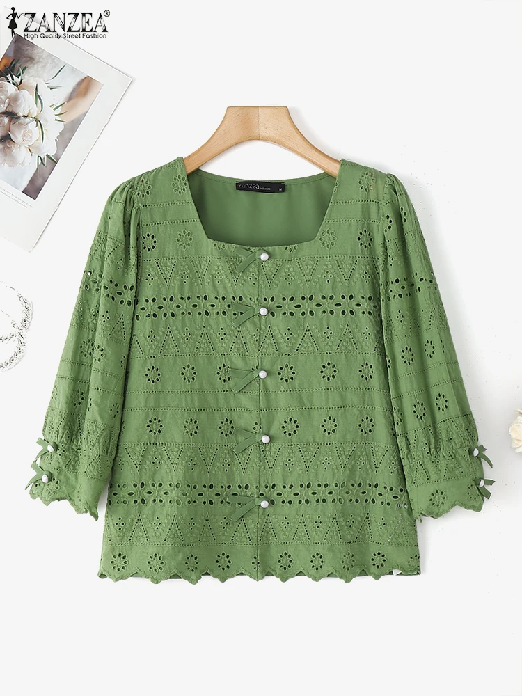 

ZANZEA Women Hollow Out Blouse Casual Square Collar Lace Summer Solid 3/4 Sleeve Bow Shirts 2025 Fashion OL Work Blusas