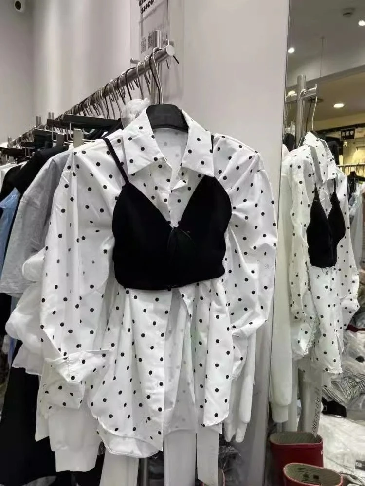 

New Korean Fashion Retro Polka Dot Long Sleeved Shirt with Short Knitted Camisole Vest Two-piece Set for Women