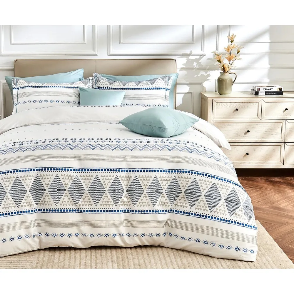 

Cotton Boho Style Queen Duvet Cover Set - Reversible Blue and White with Button Closure and Breathable Material