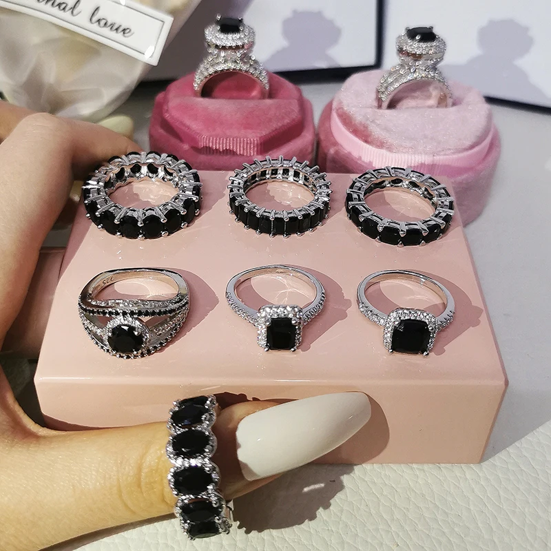 2023 New Luxury Fashion Real silver color bride Black Engagement Wedding Ring Set Band Eternity for Women Men Gift Jewelry Z12