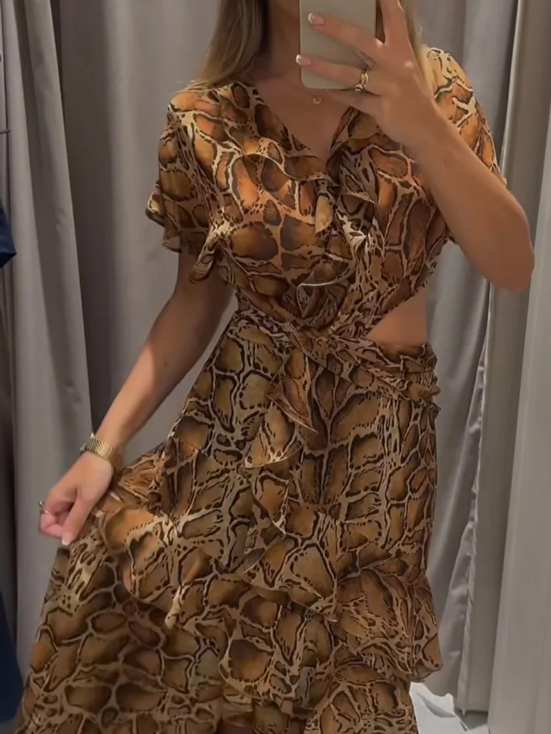 

Women Summer Dress 2024 New Fashion Hollow Fold Printed Short Sleeve V-neck Vintage Dress France Chic Female Evening Mujer