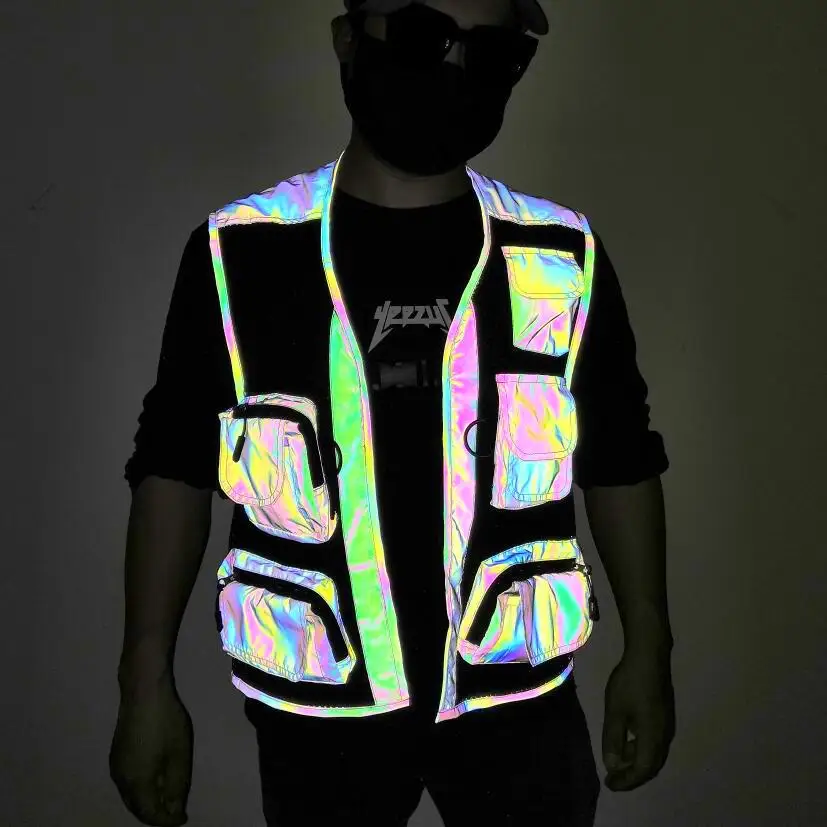 Colorful Luminous Vest Men Wmultiple Pockets Functional Fishing Photography Workwear Vest Cycling Hiking Personalized Jacket