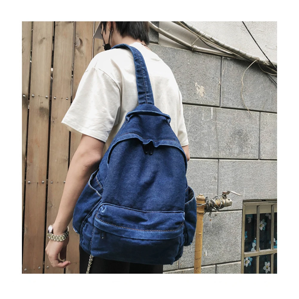 Custom Name Washable Denim Canvas Bag Art Retro Simple College Schoolbag Student Backpack Travel Small Backpack