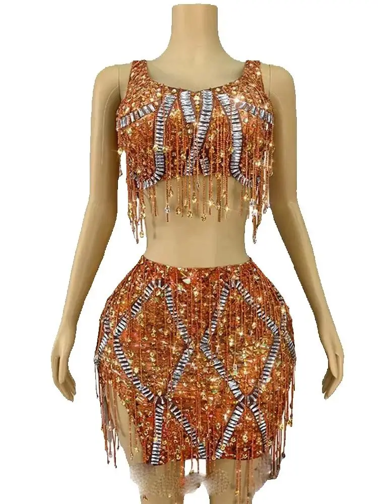 Wysokiej jakości zestaw: top na ramiączkach z kryształkami i spódnica, nowa modna odzież damska na zamówienie, kolekcja 2025