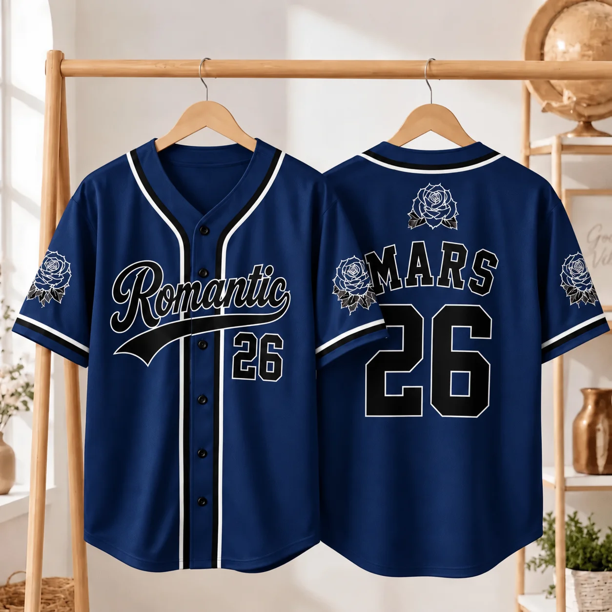 Romantic Mars 26 Baseball Jersey Unisex White Red Black Rose Print Button Short Sleeve Casual Streetwear Top for Men Women Gift