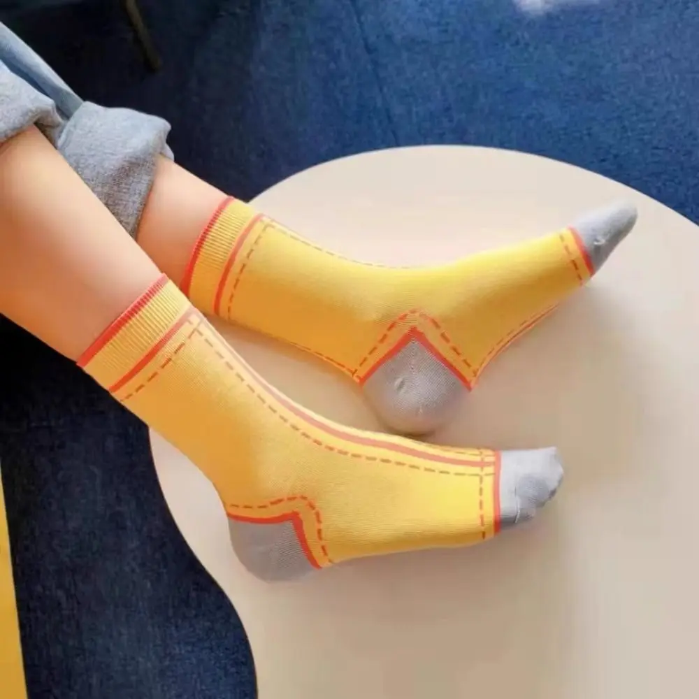 5Pairs Sweet Patchwork Stripe Socks Kawaii Mid Tube Dashed Line Socks Korean Ins Style Anti-slip Socks Women Lady