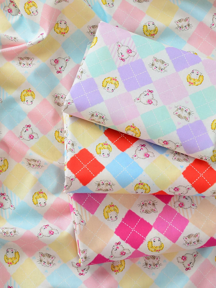 Fabric Pure Cotton,20s Digital Printing Plaid Doll Avatar Patchwork DIY Handmade Sewing by Half Meter