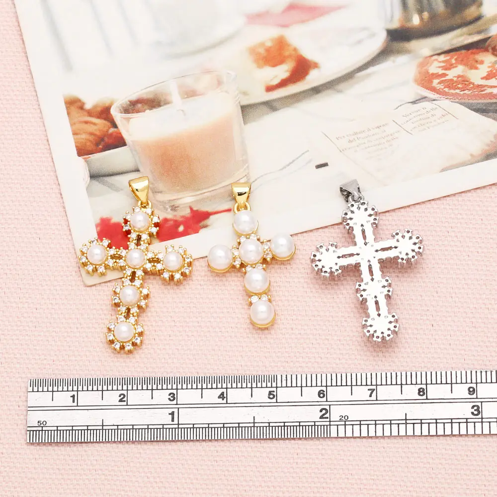 OCESRIO Big Beads Crystal Cross Pendant for Necklace Brass Gold Plated Crucifix Handmade DIY Jewelry Making Supplies pdtb355