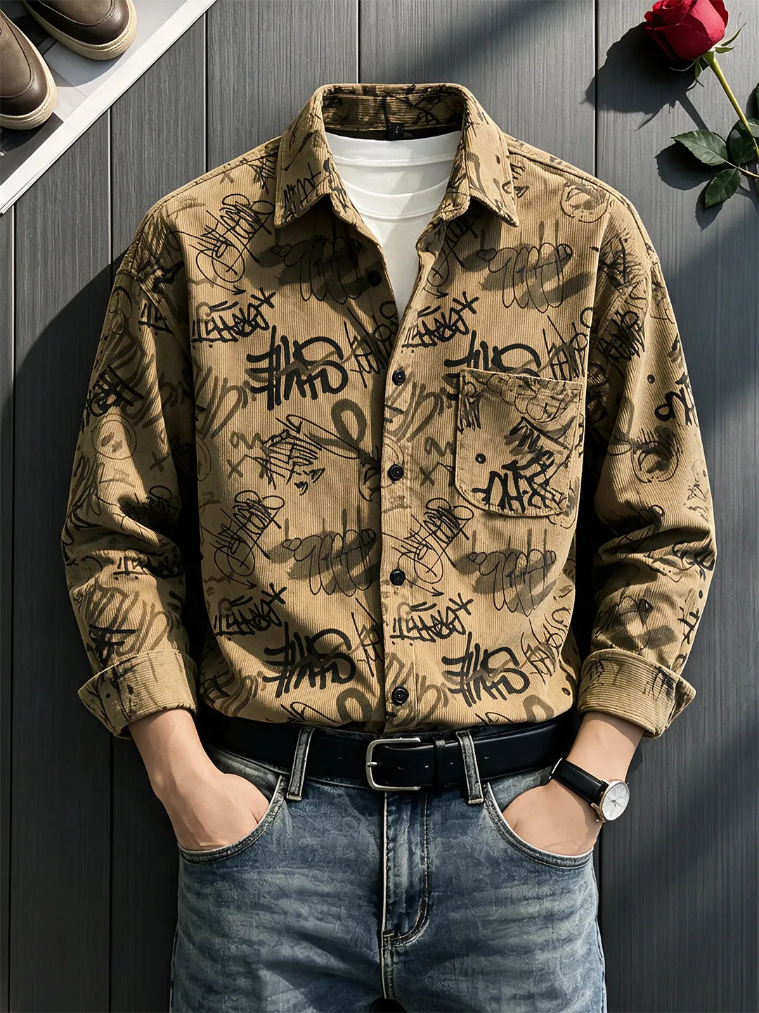 Vintage Graffiti Print Long Sleeve Men's Shirt Loose Fit Layering Style Autumn Casual Fashion Button up Outerwear Coat