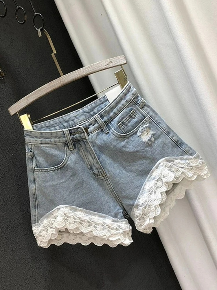 Retro European Korean Loose Slimming Design Splice Lace Wide Leg Jeans orts Women Summer New Sle Casual High Waist ort ...