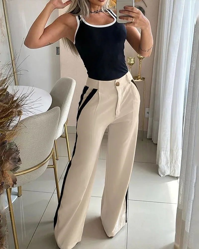 Contrast Binding Tank Top & Striped Pants Set Women Two Pieces Set Tracksuit Elegant Work Streetwear Crop Tops Y2k Matching Sets