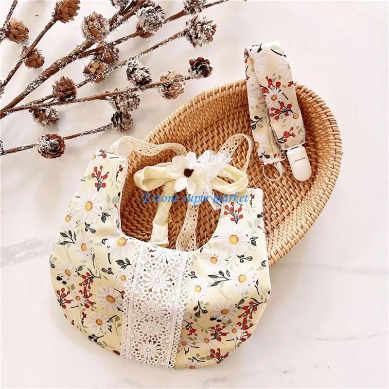 

090B 3x Baby Bibs Cotton Baby Saliva Towel Floral Print Pacifier Chain Headband