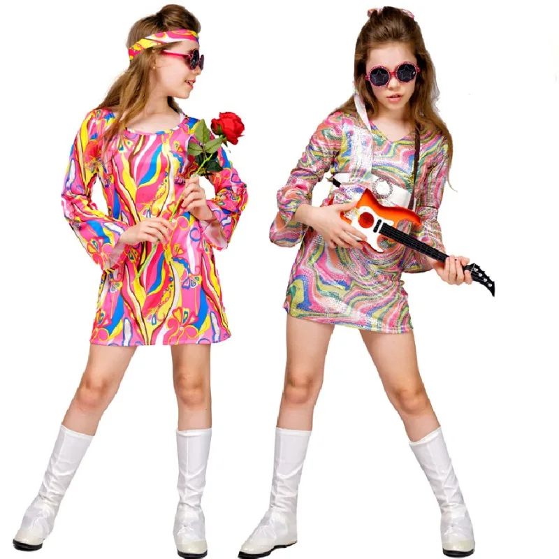 

Retro Hippie Cosplay Costume Children Little Girls Disco School Stage Fancy Dress Kids Halloween Carnival Party Outfits