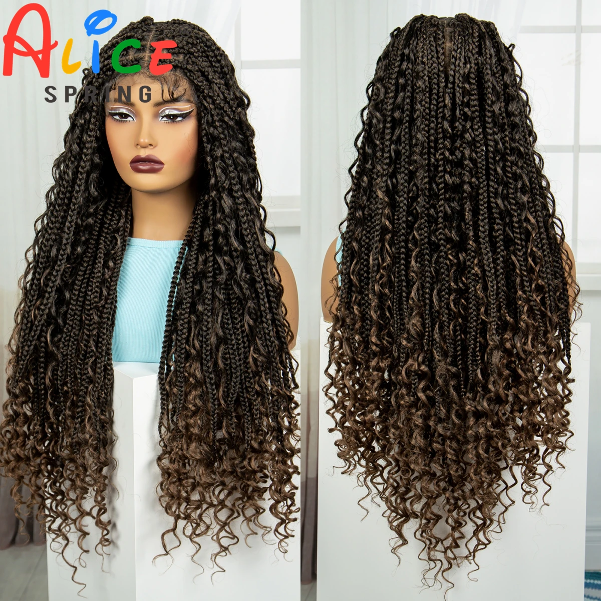 Knotless Box Braided Wigs Curly Ends 1B-30 Color Synthetic Full Lace Braided Wigs with Baby Hair for Women Handmade Braided Wig