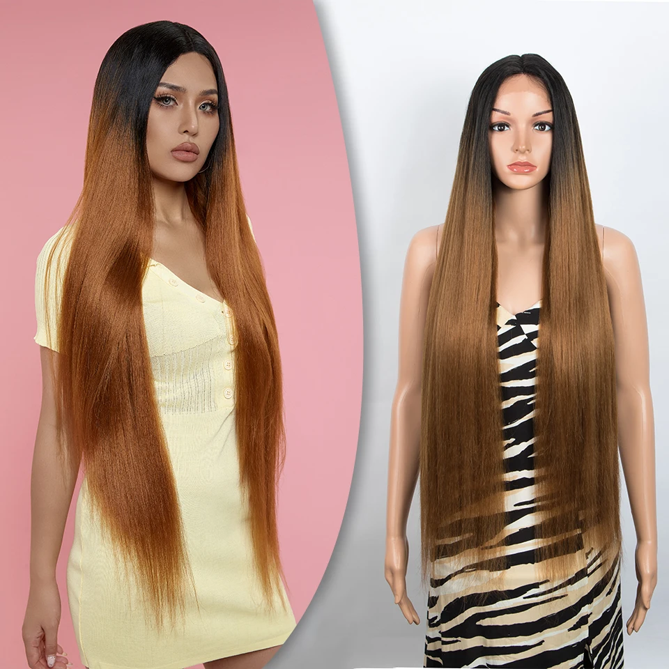 

Long Straight Hair Synthetic Lace Wig For Women 38 Inch Ombre Blonde Natural Cosplay Synthetic Wigs Heat Resistant Straight Wigs