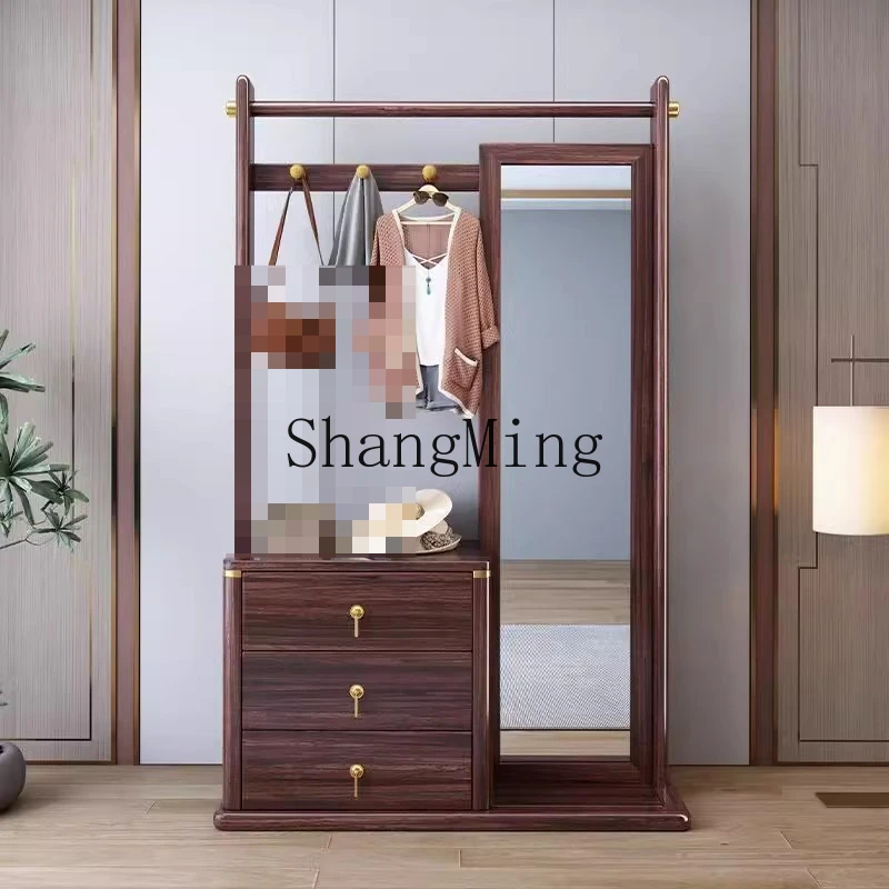 

FG solid wood coat rack full-length mirror dual-purpose new Chinese floor-to-ceiling hanger multi-functional bedroom mirror