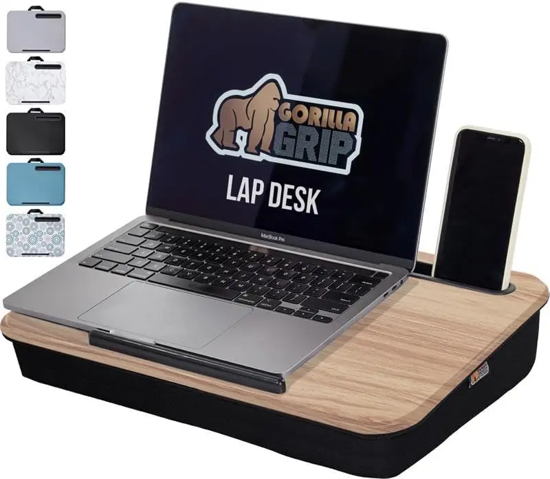 

Lap Desk with Phone Holder, Cushion Pillow for Laptops up to 15.6", Portable Travel Workstation, Light Wood