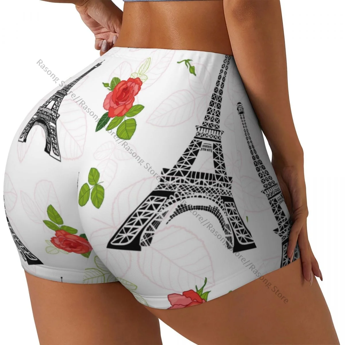 Women's Yoga Shorts Black Eifel Tower Paris And Red Roses Flowers Scrunch Booty Butt Lifting Comfort Fitness Gym