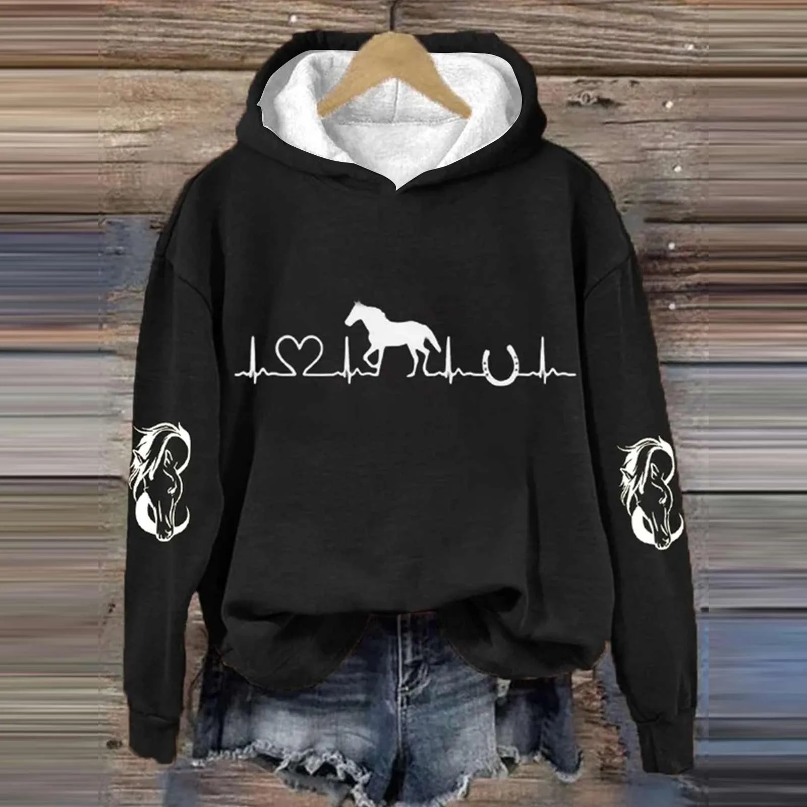 Women's Horse Heartbeat Horse Lover Casual Hoodie Casual Long Sleeve Sweatshirt Soft Fleece Sweatshirt Hood Sweatshirt Women