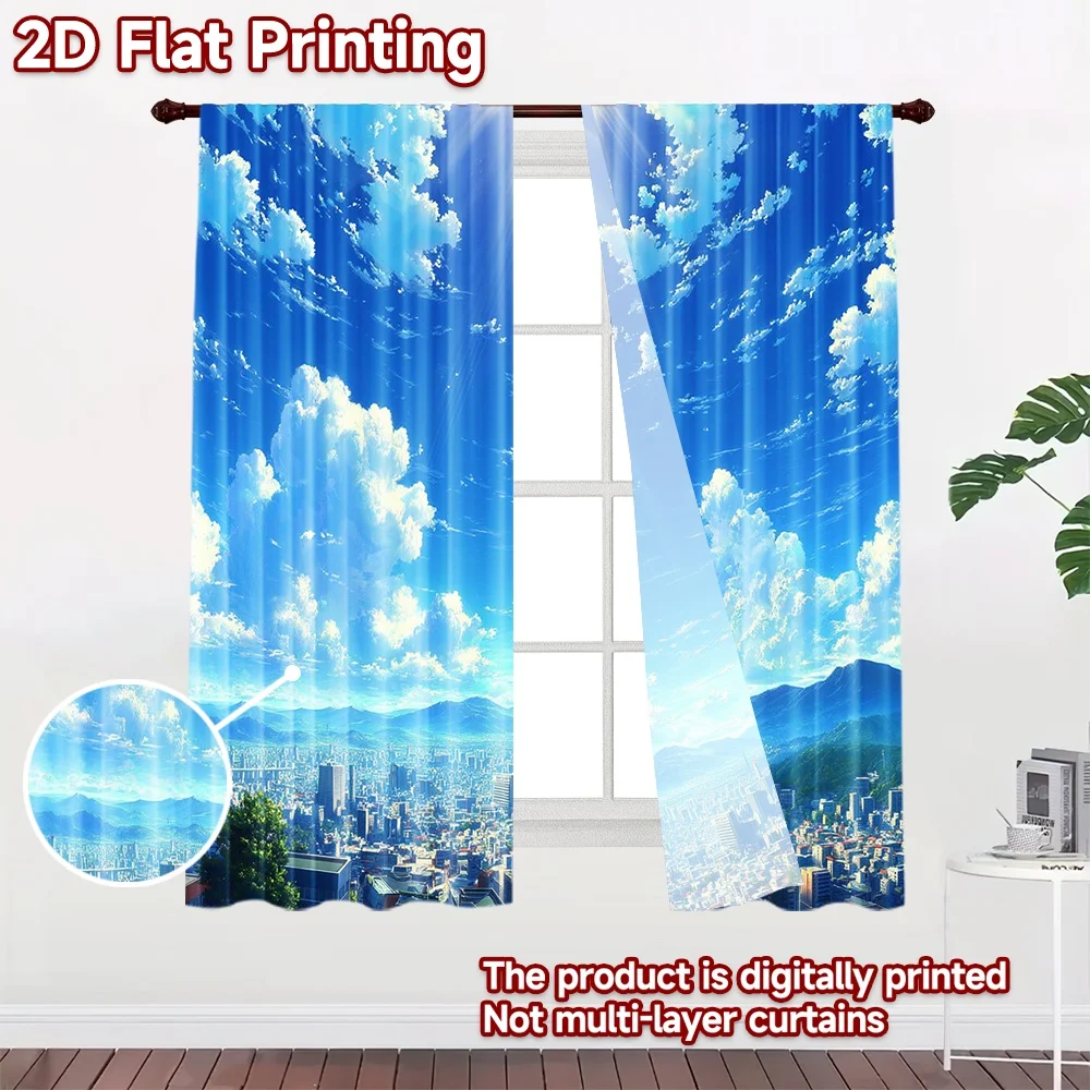 2D flat printing 2pcs Curtains Bright Sky Cityscape Clouds Digital Printed Polyester Drapes Festive Wall Decor Perfect for