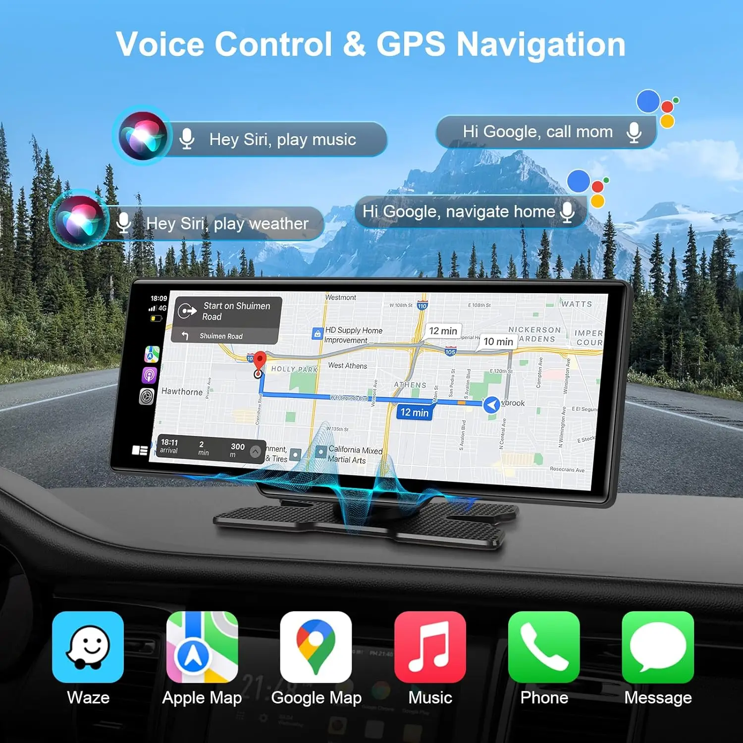 Беспроводной экран CarPlay 4K, сенсорный дисплей 10,26 дюйма с Android Auto, резервная камера 1080p, голосовое управление, Bluetooth, MirrorLink для
