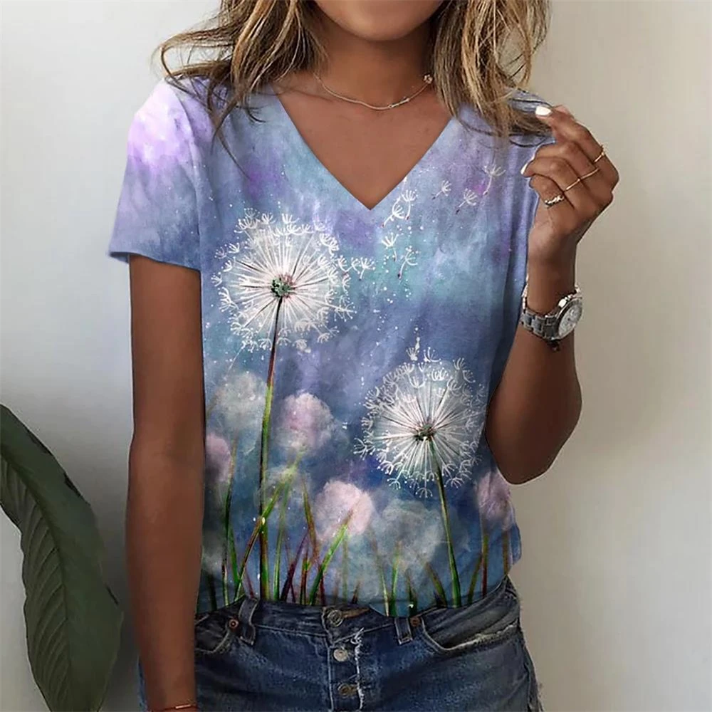 Women's Abstract Floral Painting T Shirt Graphic Print V Neck Summer Casual Loose Basic Top Fashion 3D Print Plus Size Clothing