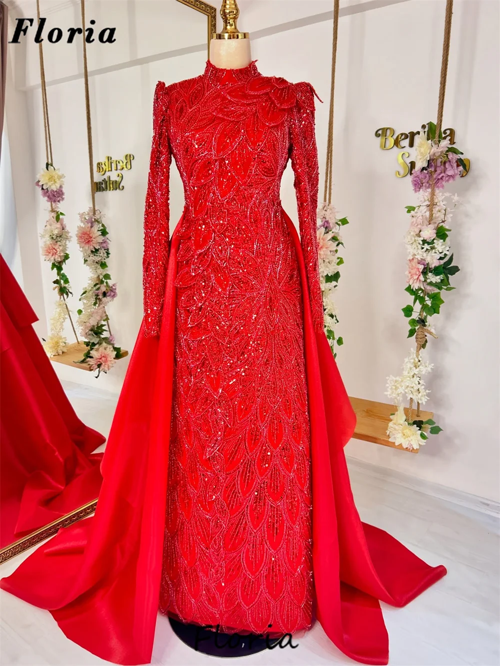 Oriente médio mangas compridas vestidos de noite vermelhos com overskirt vestido de cocktail vestidos de festa de noivado vestidos de cóctel personalizado