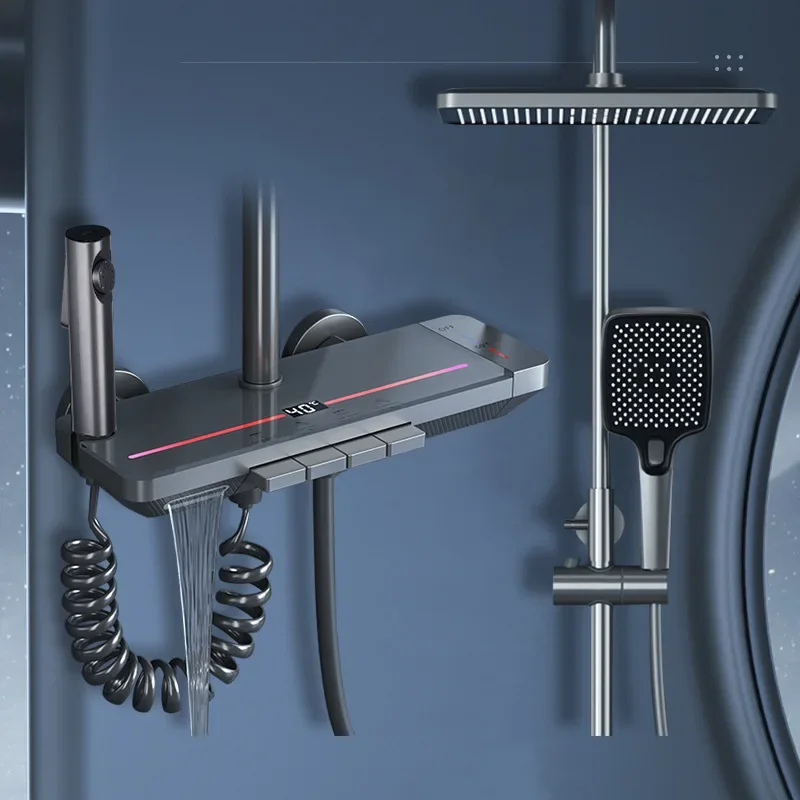

Универсальный душевой набор для дома, цвет серый металлик, полностью медный, с интеллектуальным цифровым дисплеем и постоянной температурой.