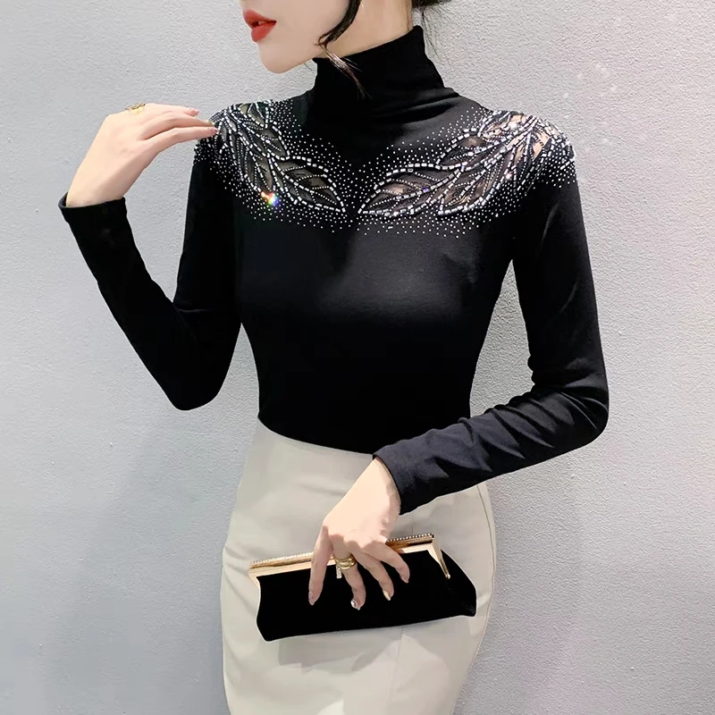 New Autumn High Quality Women\'s Long Sleeve T-Shirt Sexy Hollow Out Shiny Diamonds Tees Fashion Casual Turtleneck Cotton Tops