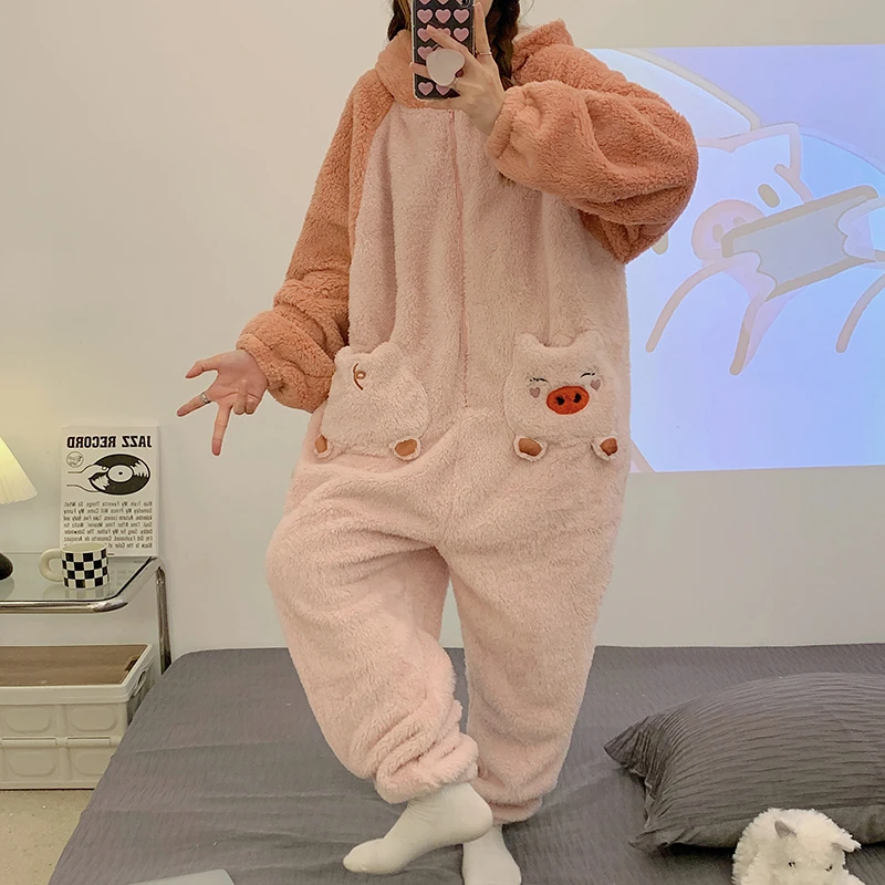 Winter Women\'s Pajamas Onesie Warm Thicken Pyjamas Sleepwear Korean Femme Pijamas Cartroon Pig  Kigurumis Adult Leisure wear