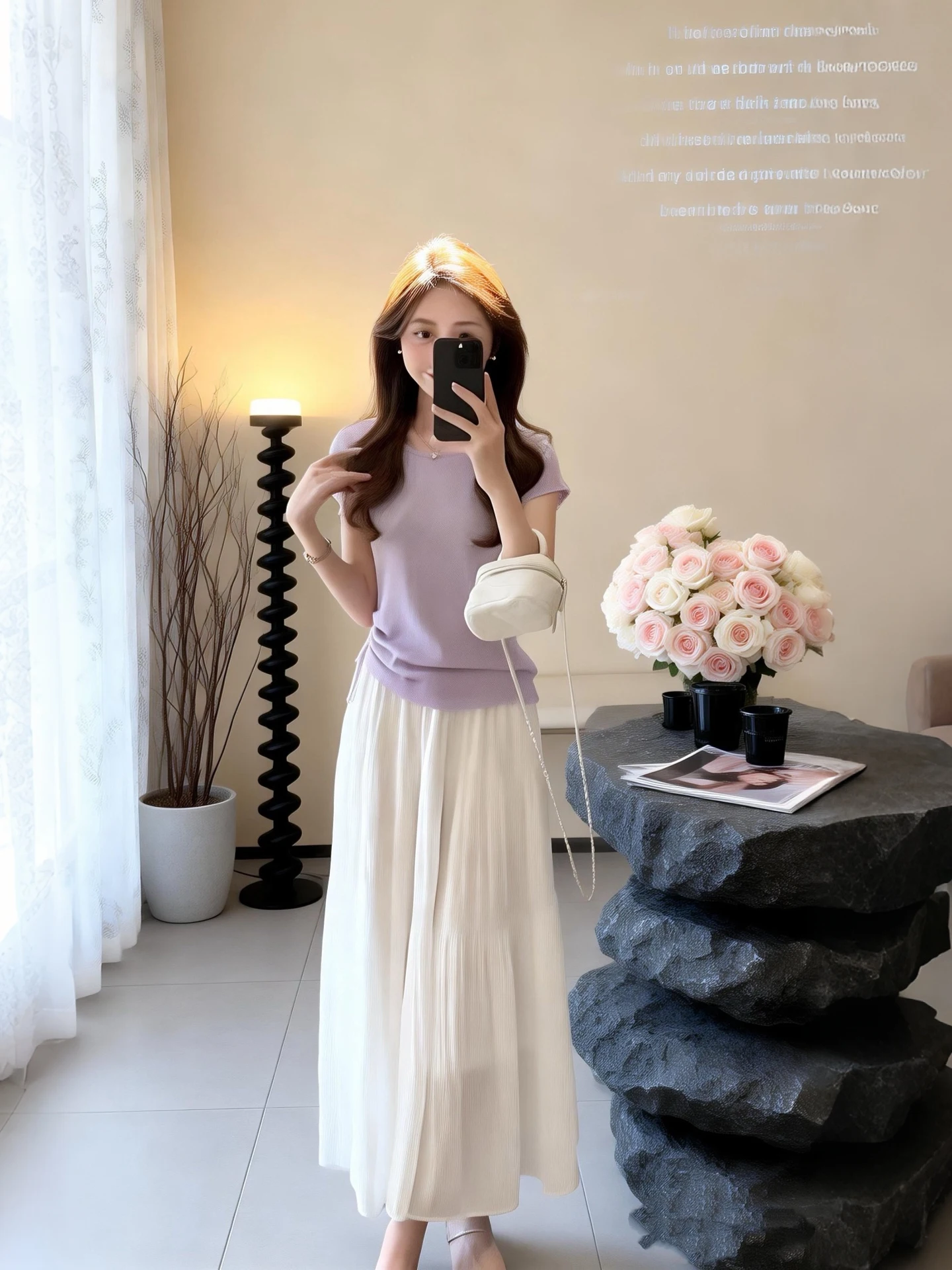

Summer New Style Women's Outfit round Neck Short Sleeve Top And High Waist Skirt Two-Piece Set Purple Color Commute Fashion